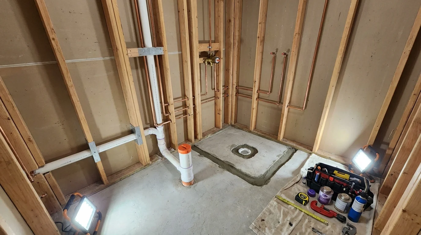 Bathroom rough-in plumbing during remodel by Johns Plumbing LLC in Marceline