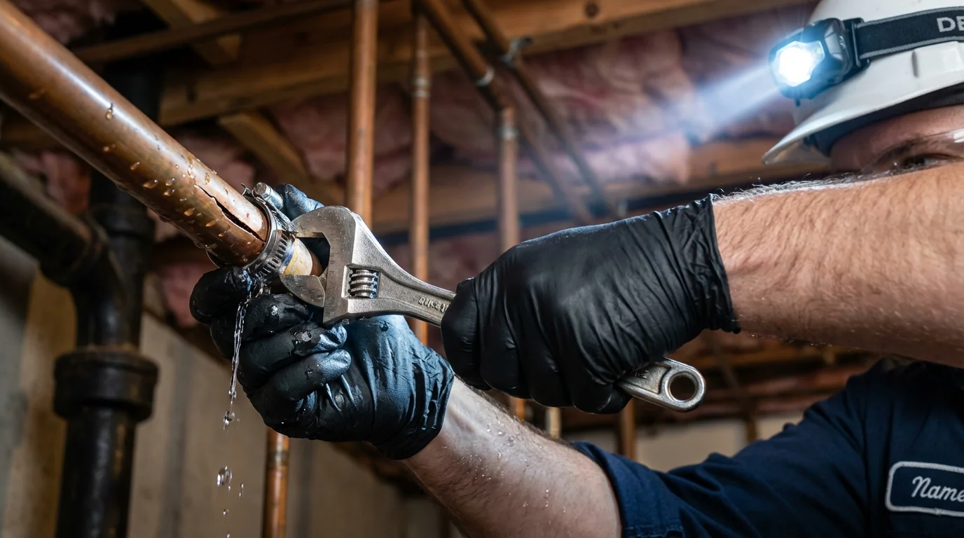 Emergency pipe clamp repair being performed by a Johns Plumbing LLC plumber in Marceline