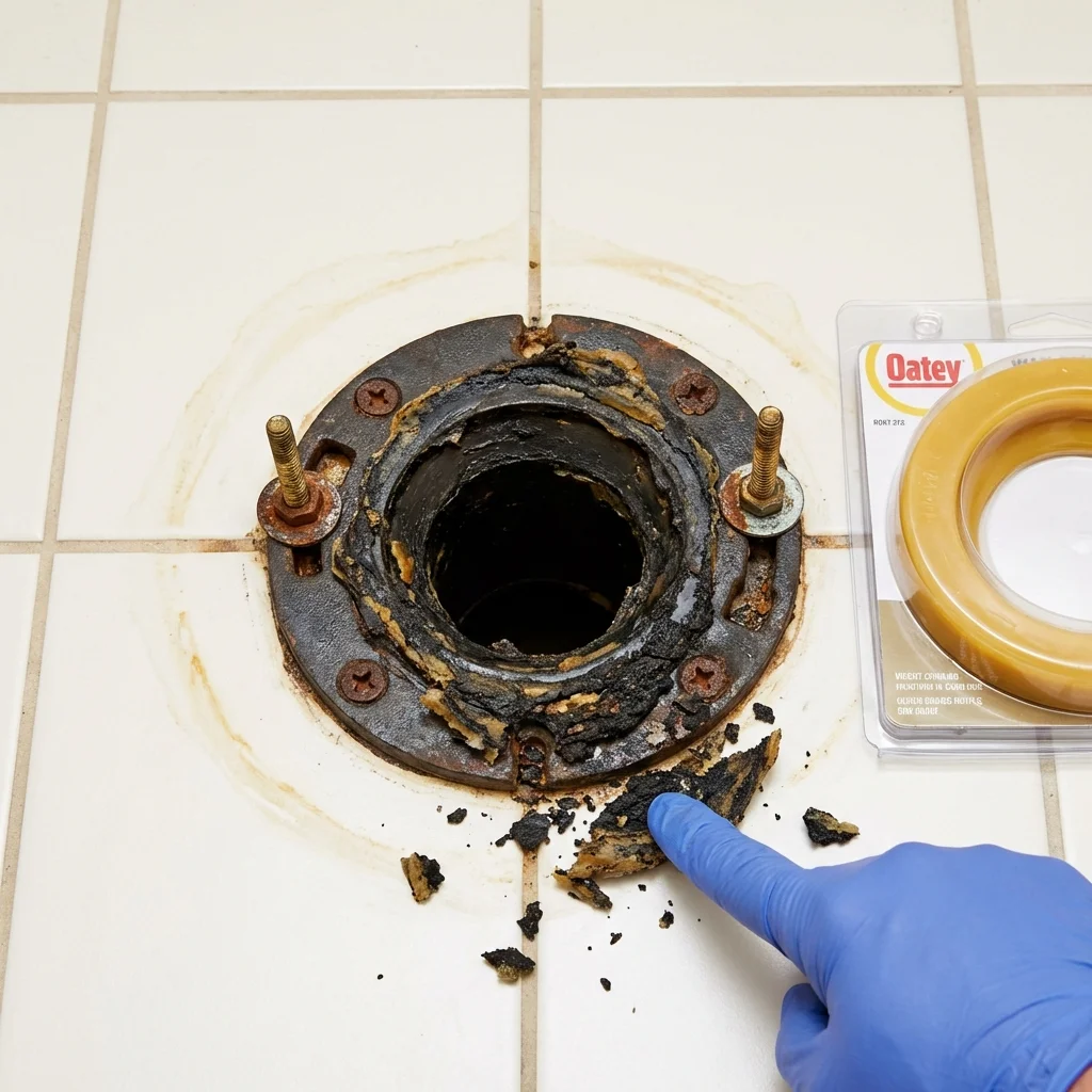 Failed wax ring showing water seepage at the base of a toilet in a Marceline, MO home