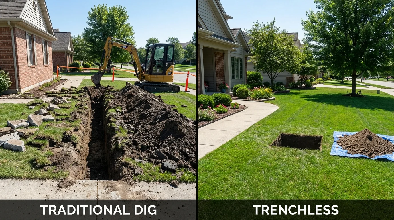Trenchless sewer repair with minimal yard damage versus traditional excavation in Marceline, MO