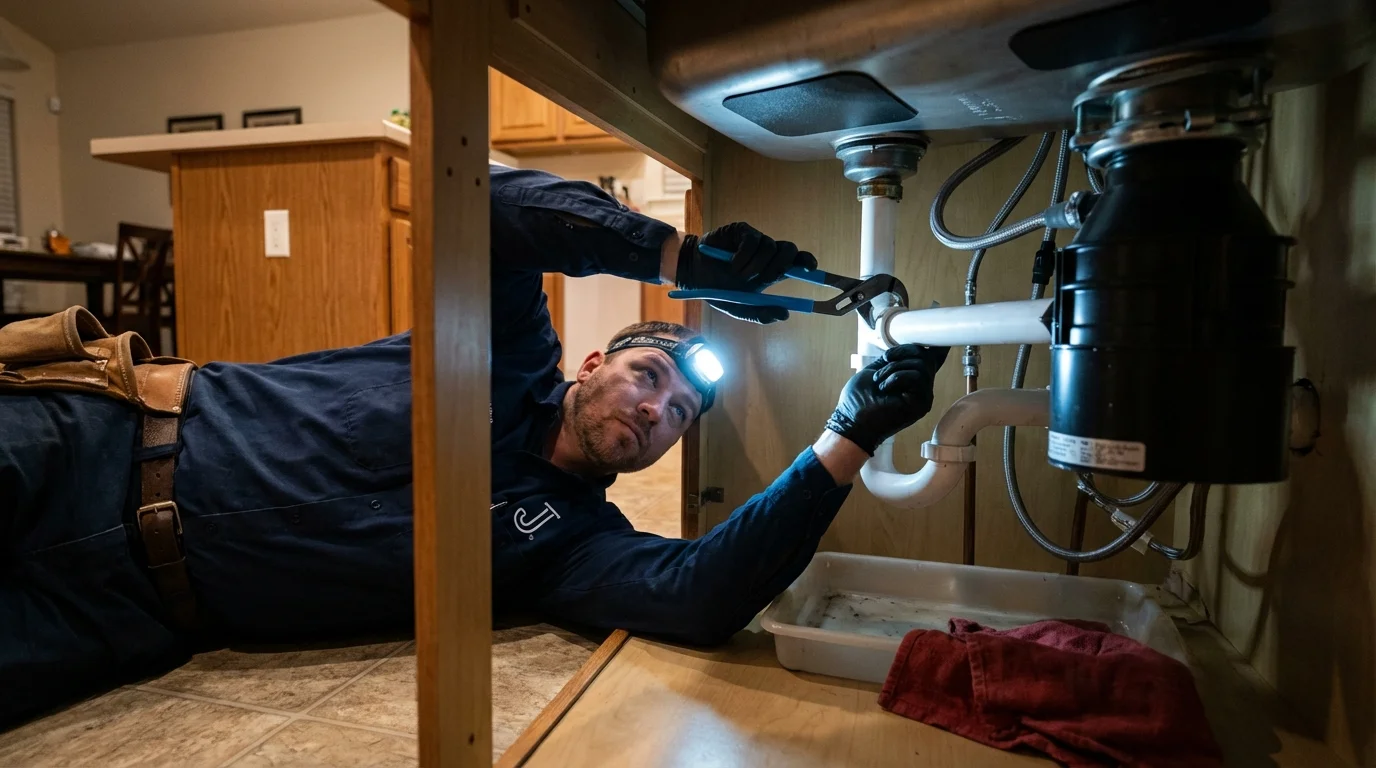 P-trap and supply line connections under a kitchen sink showing a common leak point in Marceline, MO